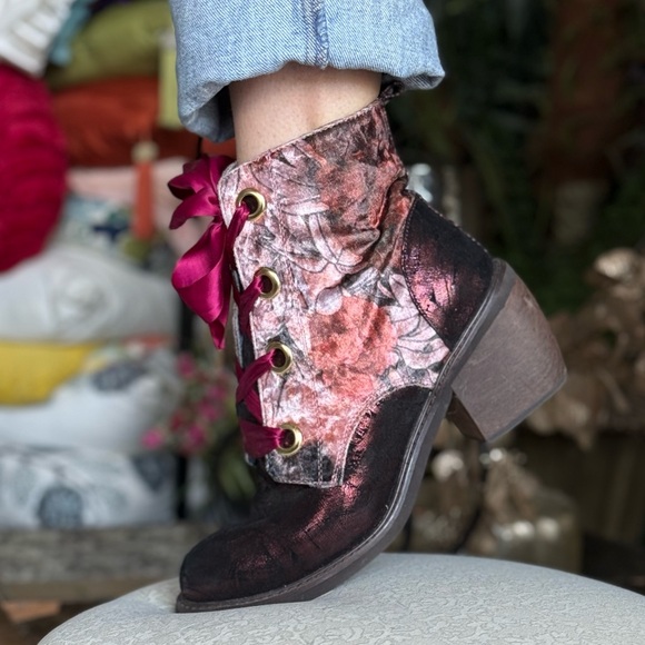 Irregular Choice Shoes - Irregular Choice Floral Velvet Ankle Boots with Satin Laces unique boots
